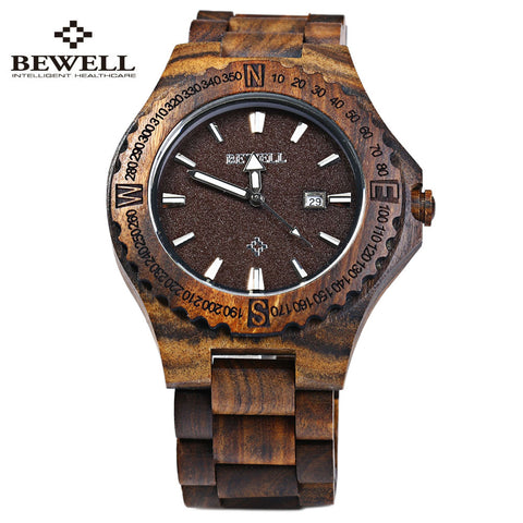Dress Watch BEWELL Men Wooden Quartz Watch with Calendar Display