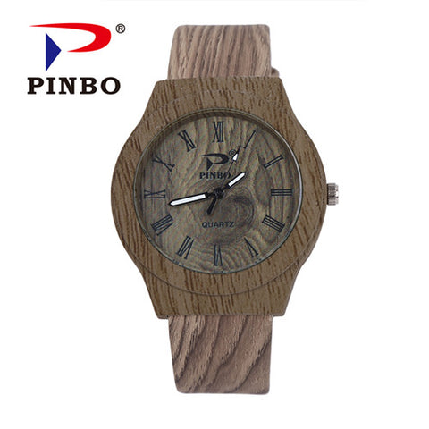 PINBO Simulation Wooden Reloje Quartz Men Watches Casual Wooden Color Leather Strap Watch Wood Male Wristwatch Relogio Masculino