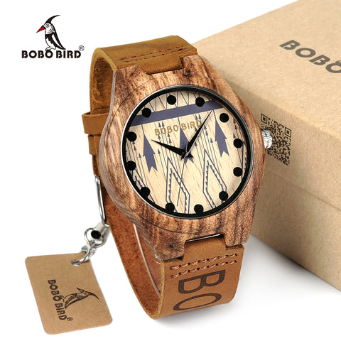 Zebra Wood Watches Men Genuine Leather Band Wooden Wristwatches