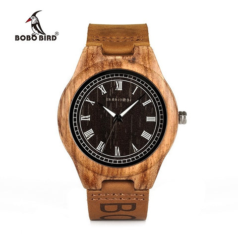 Zebra Wood Watches Men Genuine Leather Band Wooden Wristwatches