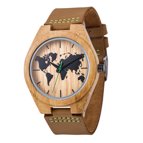 New World Map Mens Genuine Leather Quartz Watch Wood Bamboo Male Wrist Watch Luxury Brand Reloj de Madera Genuine with Gift Box