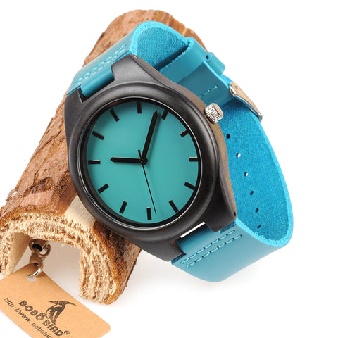 Bamboo Wooden Watches Hot Blue Leather Band Ebony Pine Wood Case
