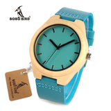 Bamboo Wooden Watches Hot Blue Leather Band Ebony Pine Wood Case