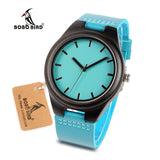 Bamboo Wooden Watches Hot Blue Leather Band Ebony Pine Wood Case