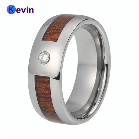 Forever Love Silver Mens Tungsten Inlay Ring With CZ and Wood Inlay Best Quality