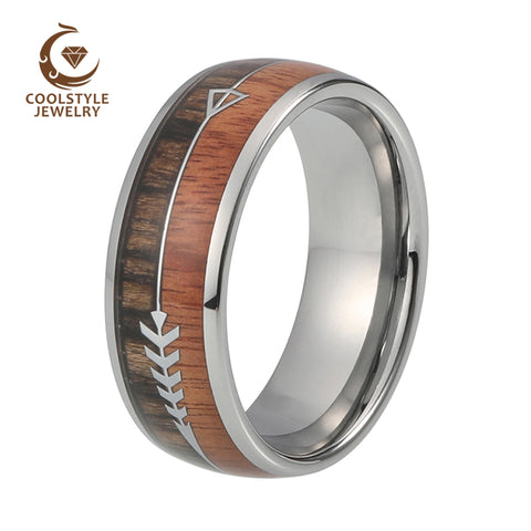 Natural Black Tungsten Dome Ring with Koa Wood And Feathered Arrow Wedding Band Comfort Fit