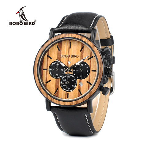 Mens Watches Leather Brand Luxury Stylish Watch Wood & Stainless Steel Chronograph