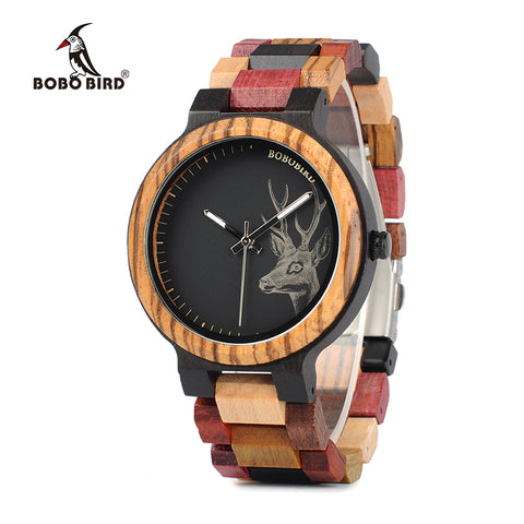 Wooden Watch for Men Women Colorful Wood Band Elk Deer Head Quartz