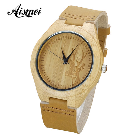 Fashion Elk Deer Bamboo Watches Men Women Genuine Leather Strap Casual Nature