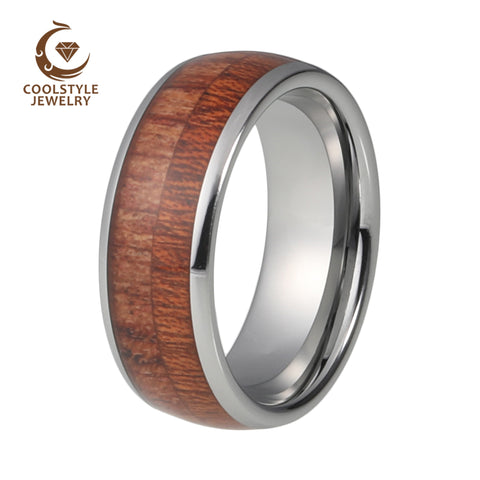 Carbide Ring For Men Koa Wood Inlay Dome Edges Comfort Fit Wedding Band