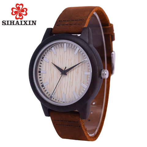 SIHAIXIN Minimalist Wooden Watch Male Bamboo Clock Leather Men White Quartz Watches As Man Luxury Gift Box Accept OEM Customize