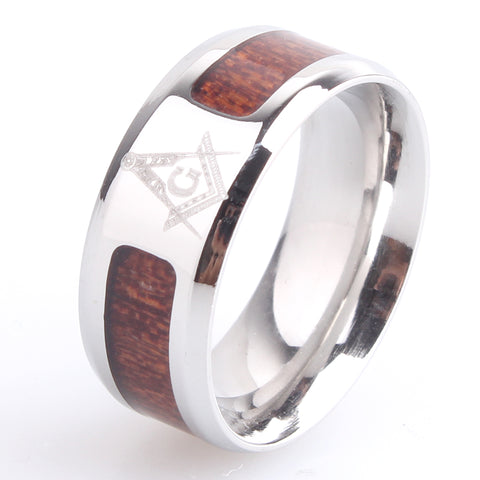 free shipping 8mm Silver Masonic wood free mason 316L Stainless Steel wedding rings for men women wholesale