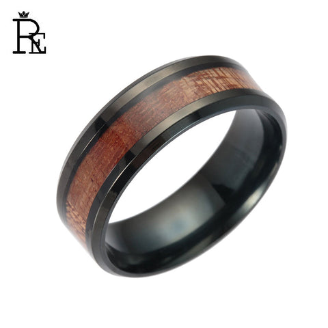 RE Brown Wooden Ring for Men Women Titanium 316L Stainless Steel Rings