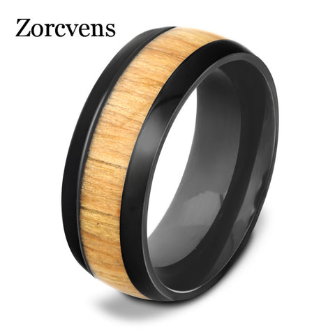 ZORCVENS Genuine Mahogany wood inlay stainless steel ring wooding ring wooden wedding rings for Men