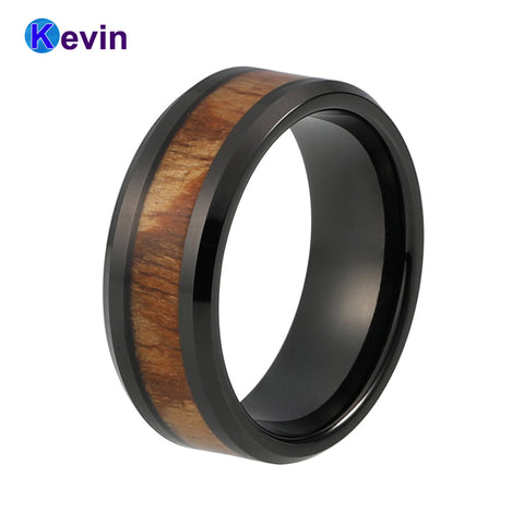 Black Tungsten Carbide Ring Mens Wedding Ring In Black Color With Wood Inlay