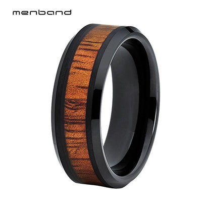 Black Tungsten Ring Classic Men Band With Real Wood Inlay Comfort Fit