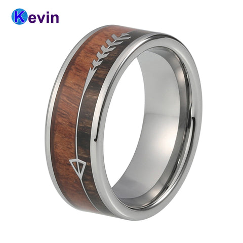Mens Wedding Band Wood Ring Silver Tungsten Ring With Double Wood And Steel Arrow Inlay
