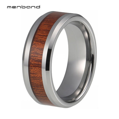 Wood Ring Silver Bevel Tungsten Carbide Ring Band 8MM And Comfort Fit