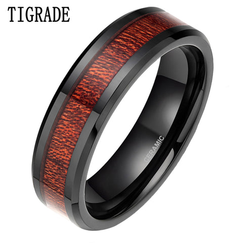 Ceramic Ring Red Wood Inlay Retro Grain Rings For Women Wedding Engagement